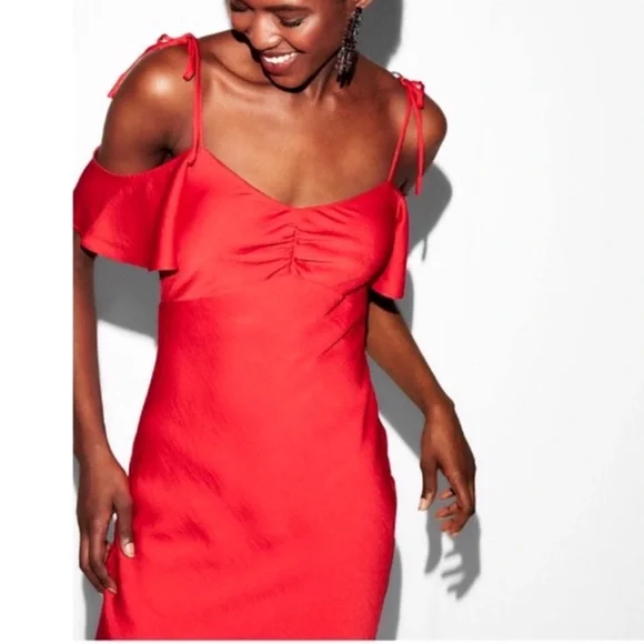 Express | Dresses | 2 For 3 Express Red Satin Tie Shoulder Dress | Poshmark